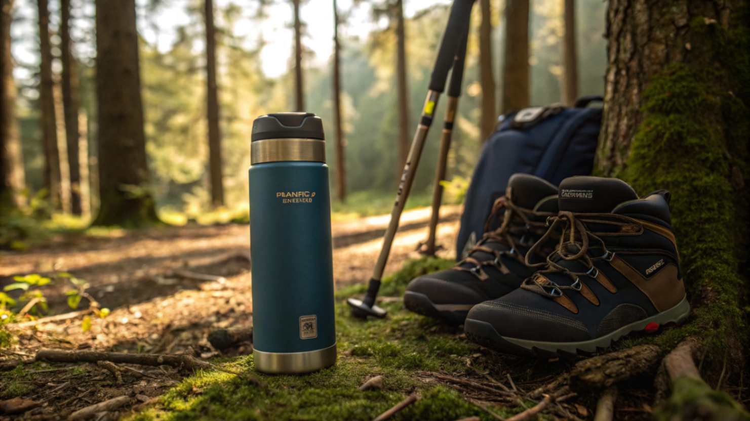 A stainless steel water bottle with a deep blue coating, standing on a forest floor next to hiking boots and trekking poles