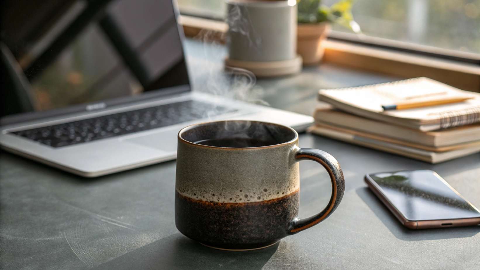 A minimalist office desk setup with a black ceramic mug, laptop, phone, and papers