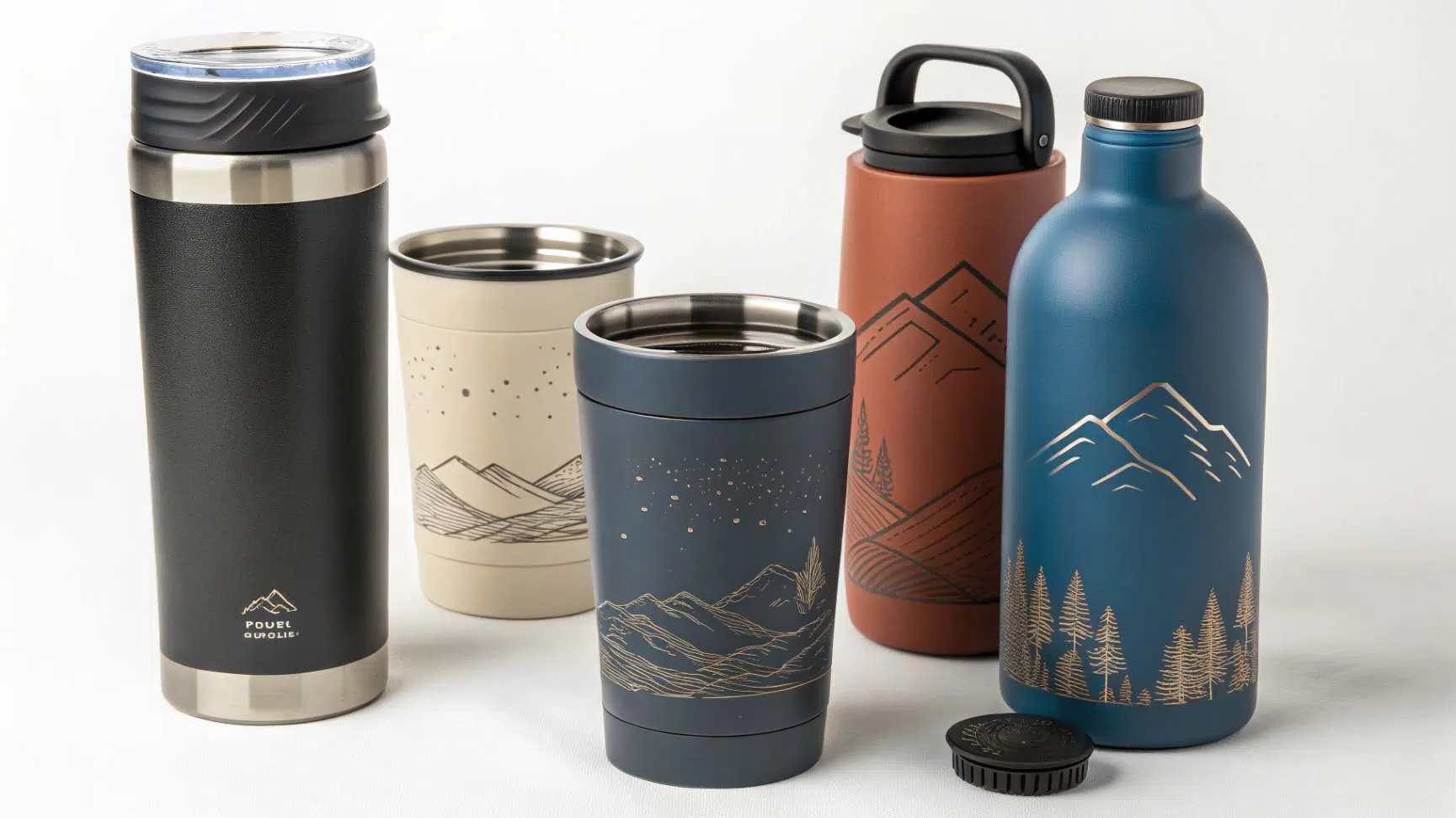 Assortment of insulated cups and tumblers in different materials, colors, and designs, arranged on a plain white background