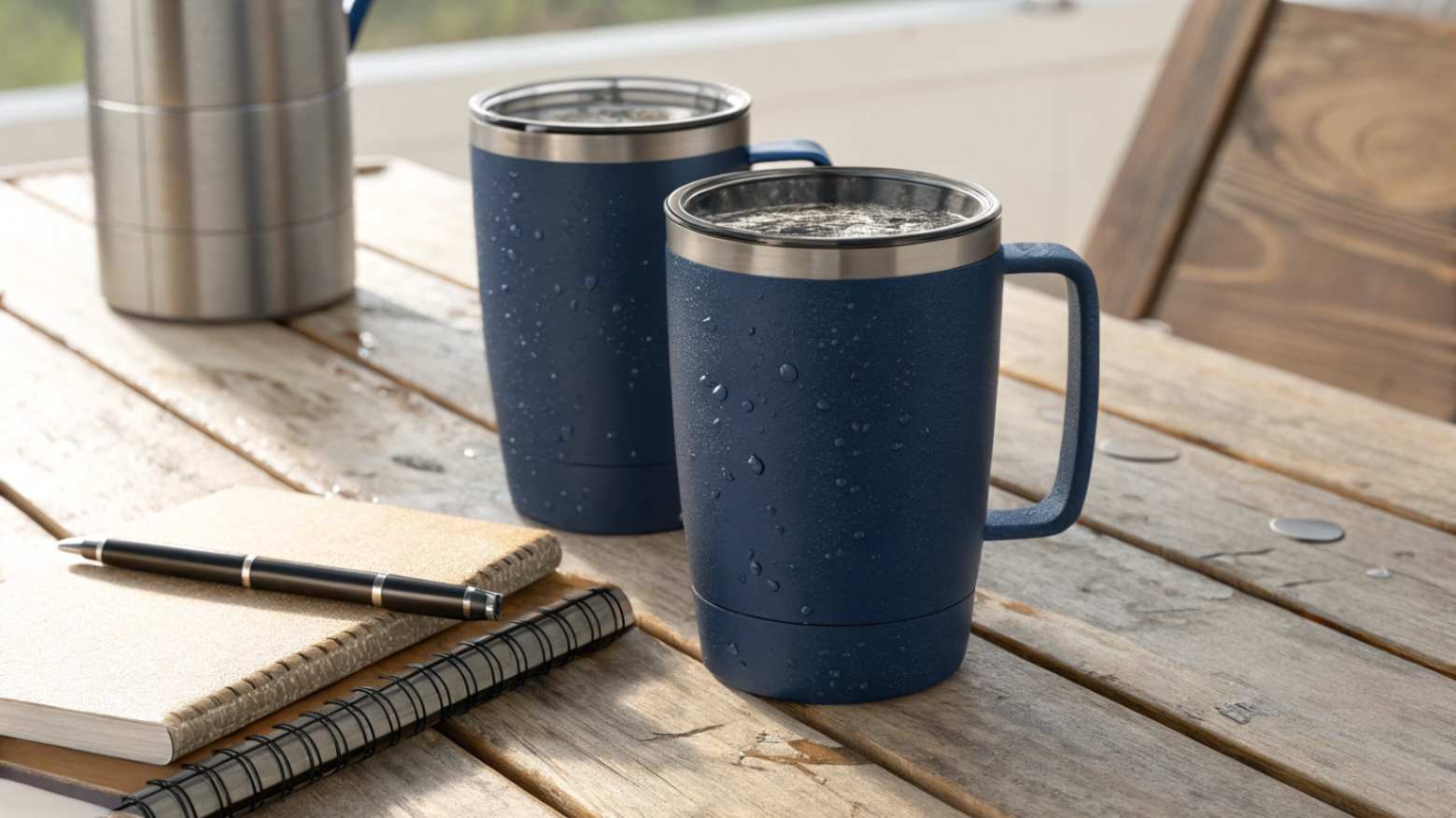 Two navy blue insulated mugs on a wooden table with a notebook and pen