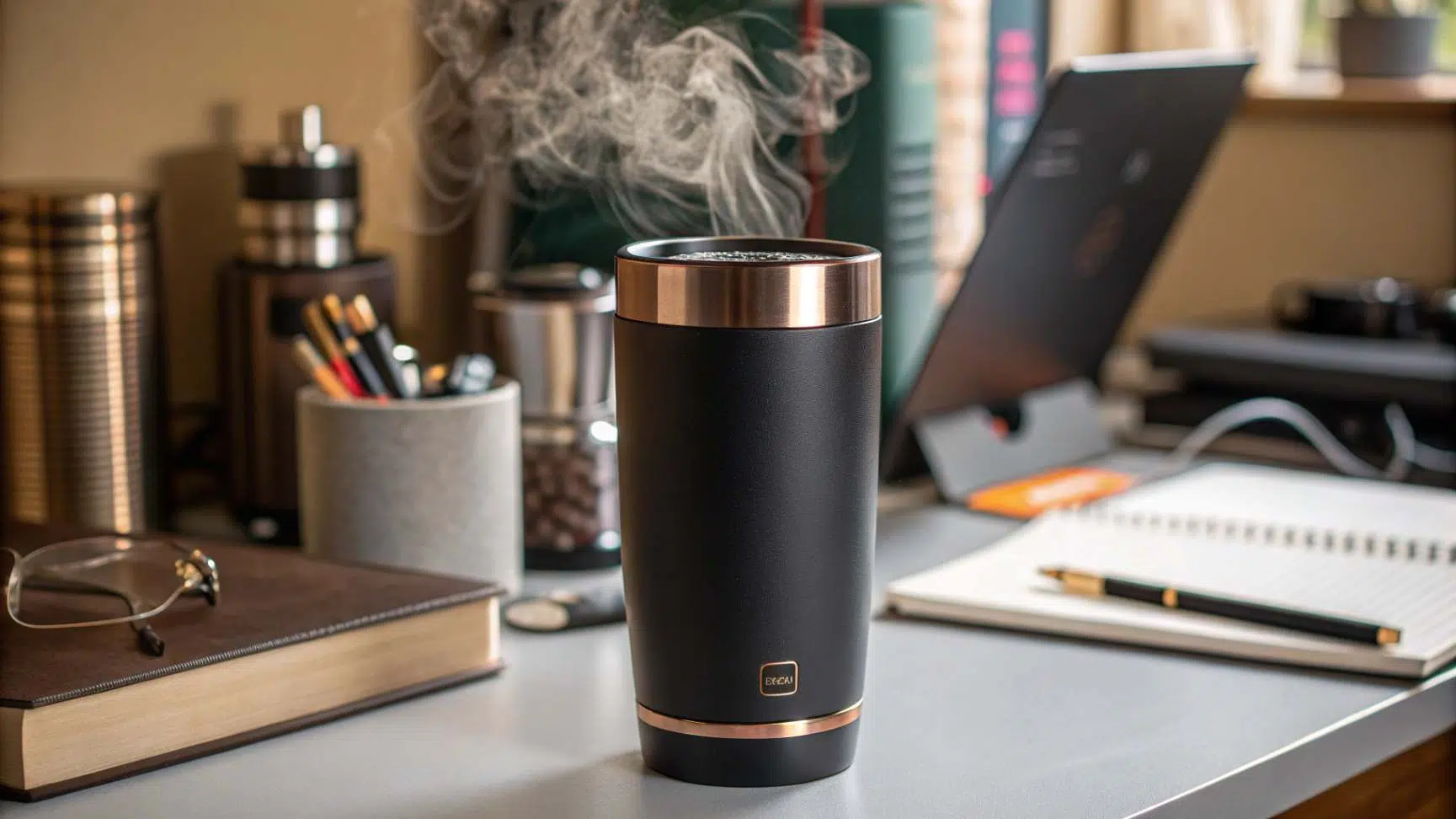 A realistic photograph of a high-performance insulated cup on a desk with office supplies