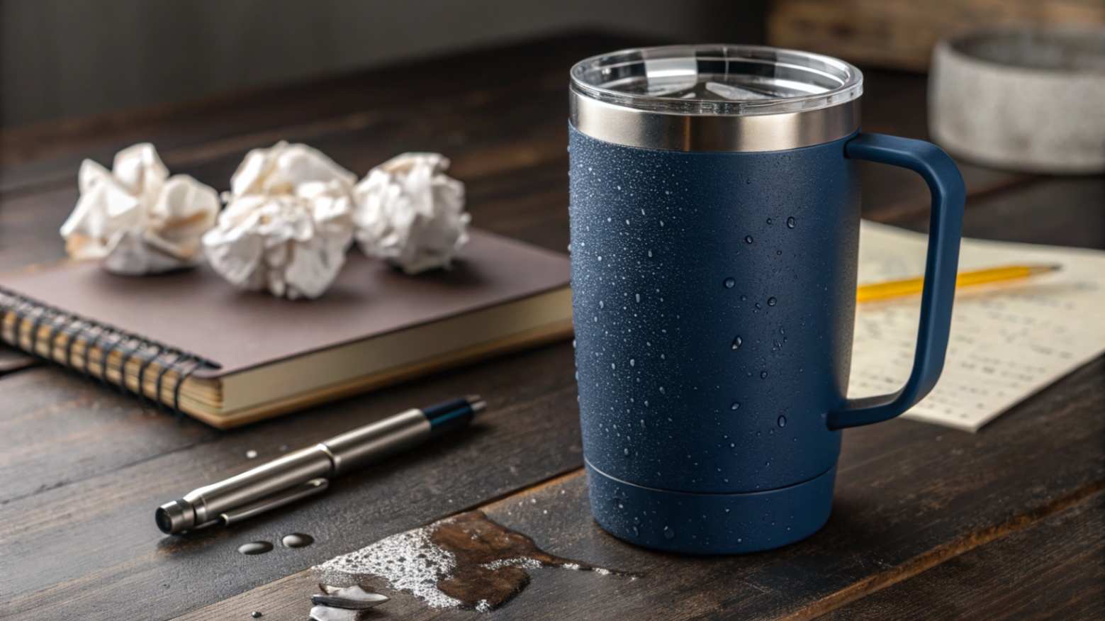An insulated navy blue stainless steel travel mug on a wooden desk, surrounded by office supplies