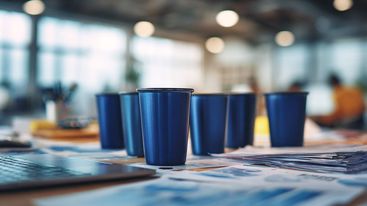 China's Manufacturing Supremacy - Industry Data Analysis A table top with various blue stainless steel cups, documents, and office supplies in a busy industrial workspace