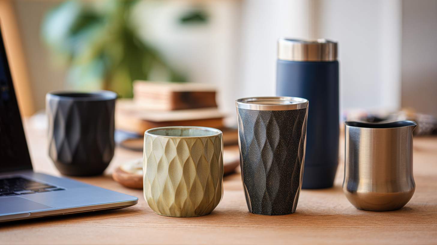 A realistic desk scene with various cups and office supplies, showcasing different stainless steel cup styles and finishes.