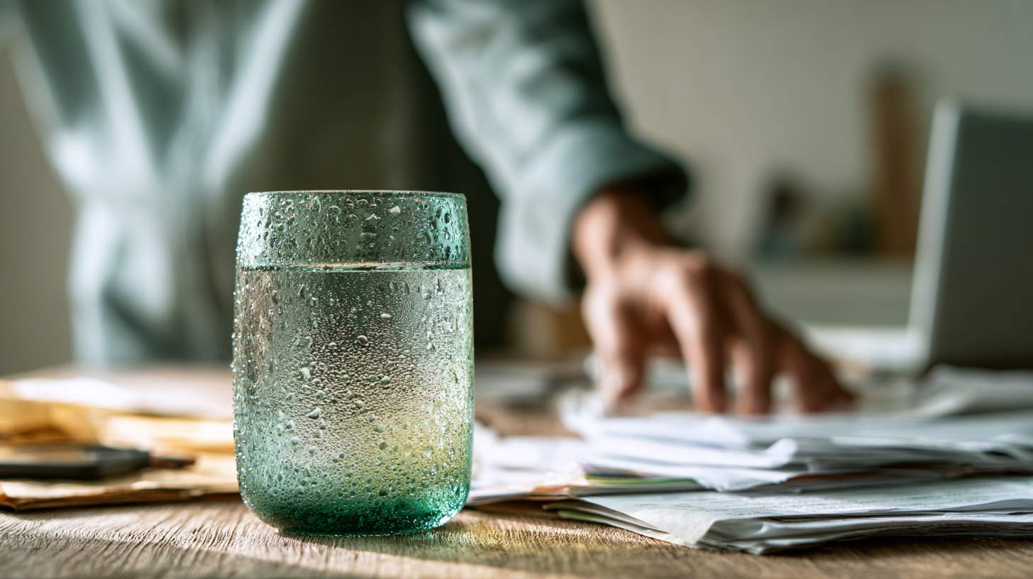 Supply Chain Economics - Why China Dominates A realistic photo of a deep blue stainless steel thermos flask on a table in an office, alongside a tablet, laptop, and papers.