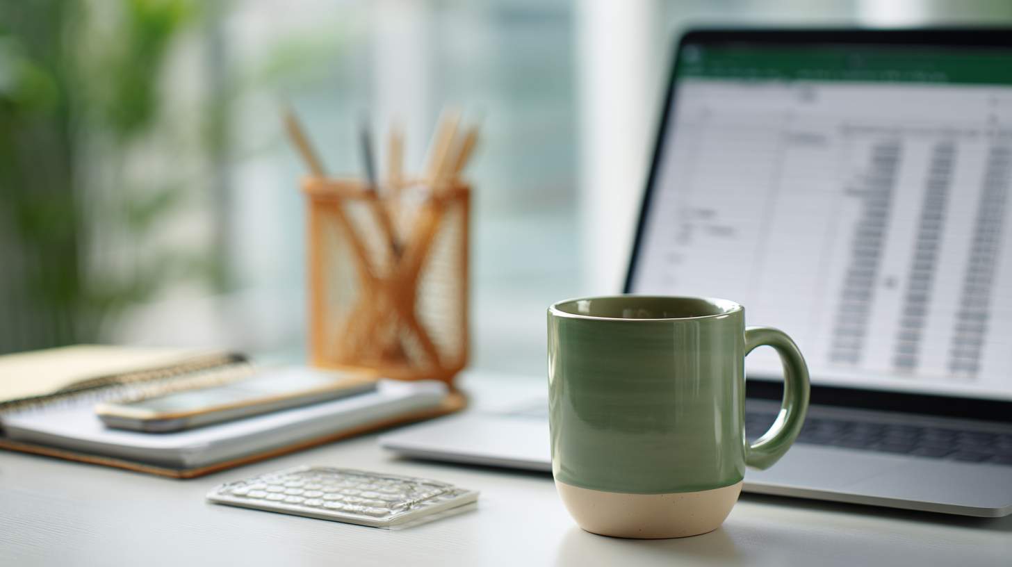 Market Dynamics and B2B Procurement Trends A realistic photo of an office desk with a laptop, various office supplies, and a ceramic mug in muted green and beige colors.