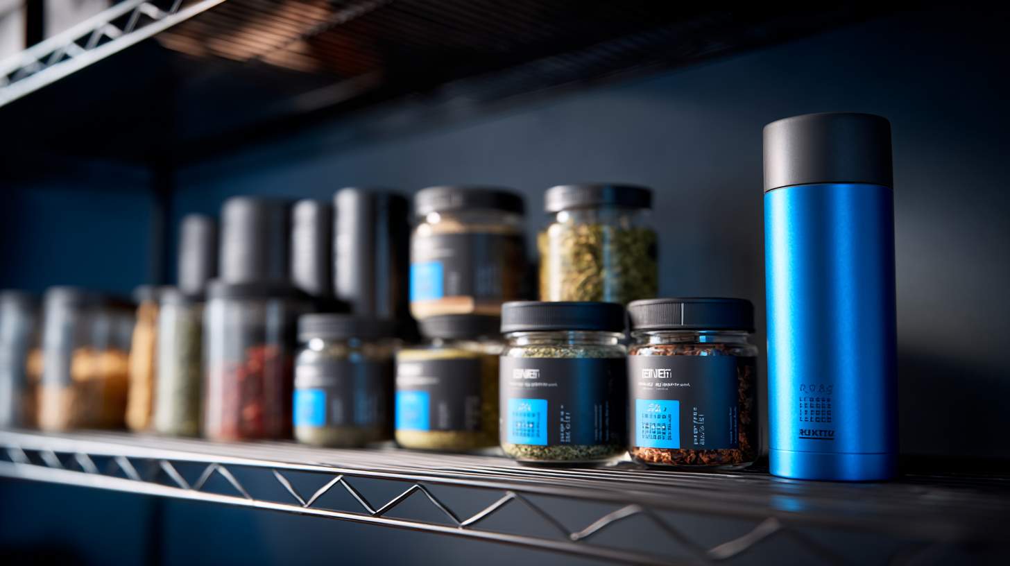 Quality Standards and Certifications Across Regions A realistic product photography scene featuring a steel shelving unit with various quality control samples and a deep blue stainless steel thermos
