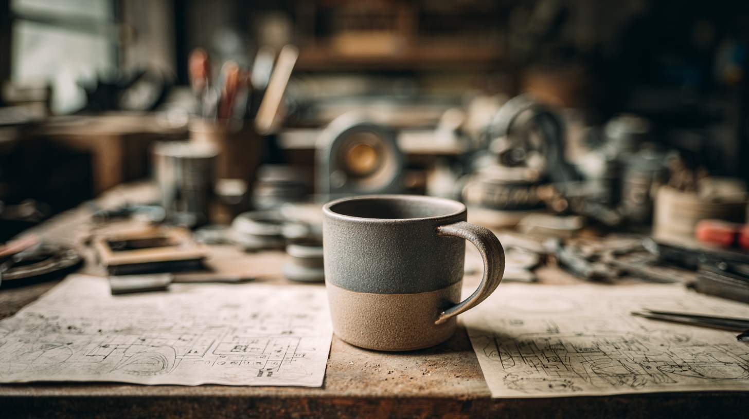 Future Manufacturing Landscape and Strategic Implications A realistic photo of an industrial workbench with a ceramic mug, tools, and technical drawings