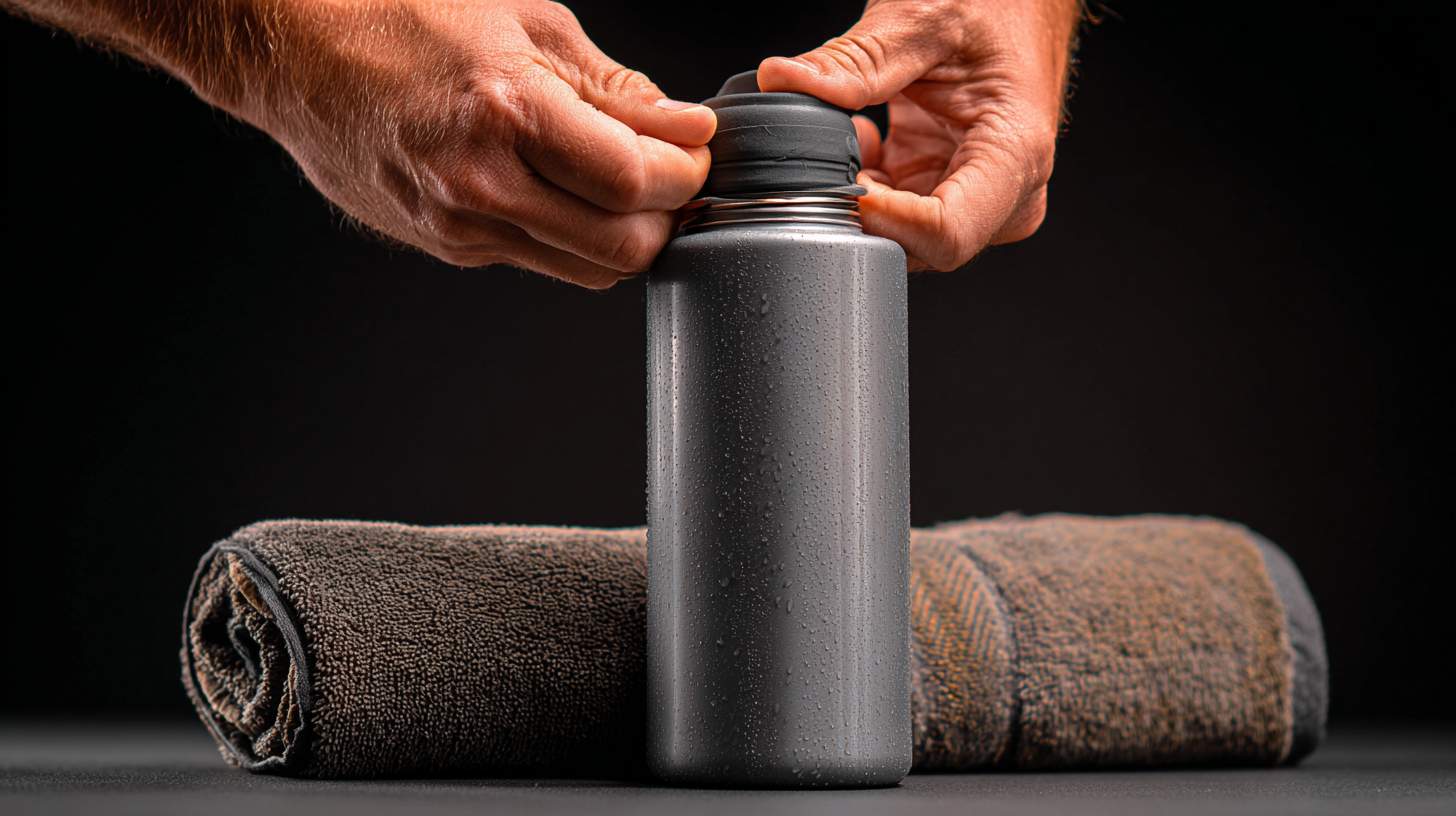 A realistic photograph of a person using a rubber band and towel to open a tightly sealed water bottle cap