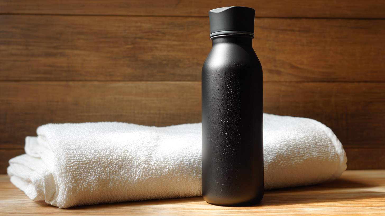 Why Does My Stainless Steel Water Bottle Cap Get Stuck? A realistic close-up photo of a matte black stainless steel water bottle with a contoured cap, condensation on the bottle, and a white towel in the background on a light wood surface.