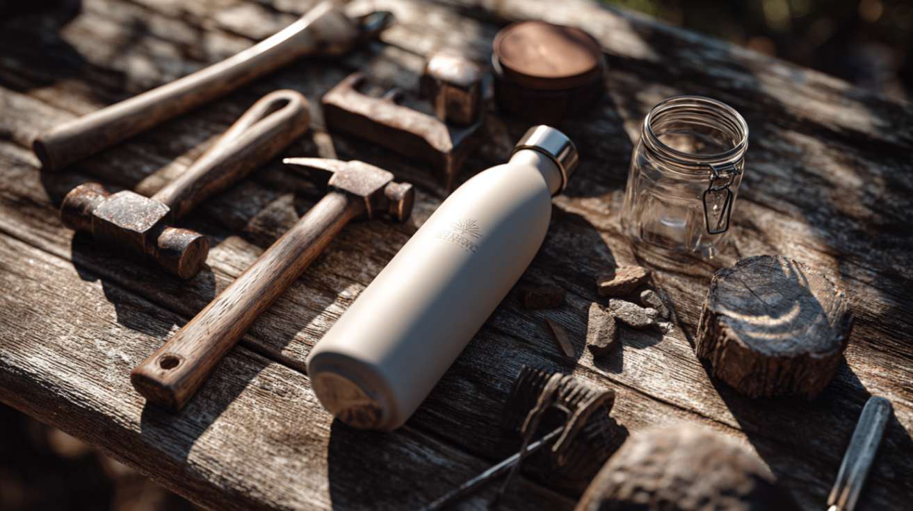 What Are the Easiest Tricks to Open a Stuck Bottle Cap A realistic photograph of various tools and objects on a wooden table, including a matte stainless steel water bottle and a glass jar with a screw-top lid.