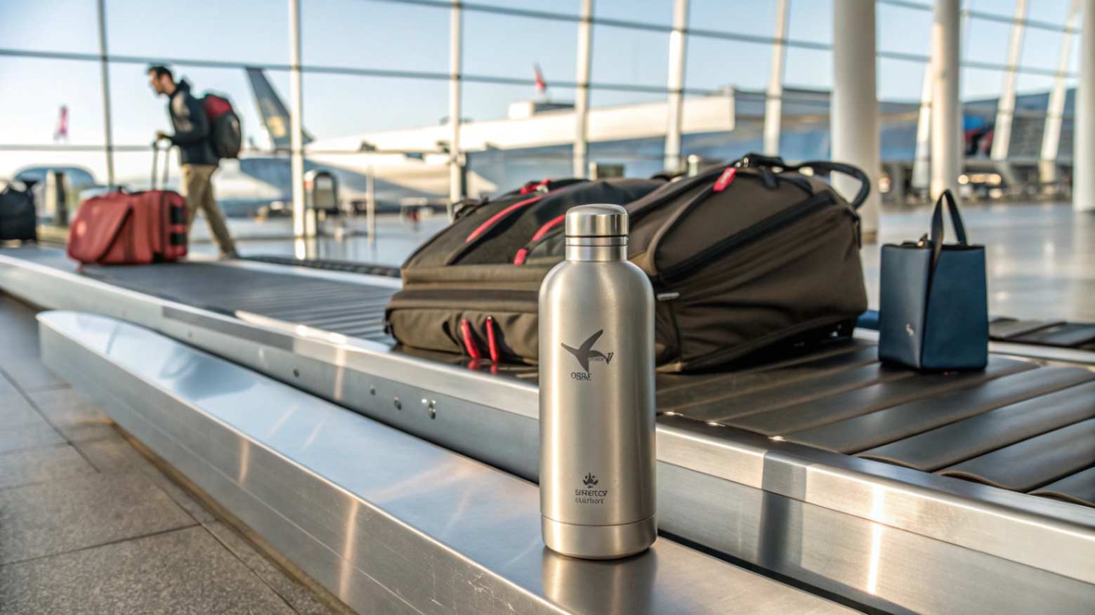 A stainless steel water bottle on an airport security conveyor belt, with luggage and personal items visible in the background.