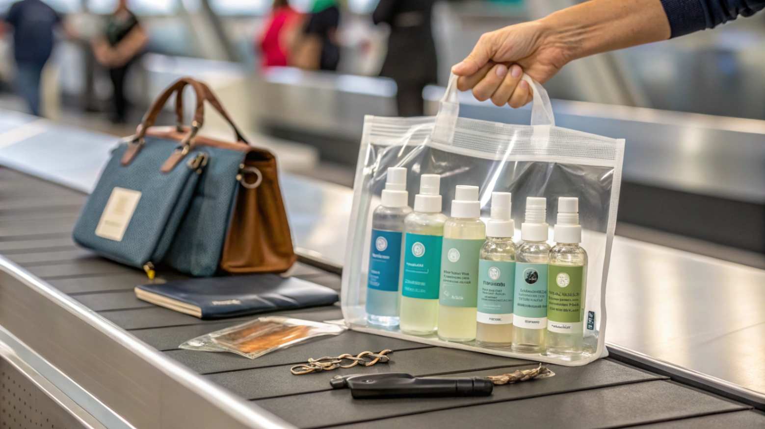 Understanding TSA Liquid Rules A realistic photograph of a passenger's TSA-compliant 3-1-1 liquids bag on an airport security conveyor belt