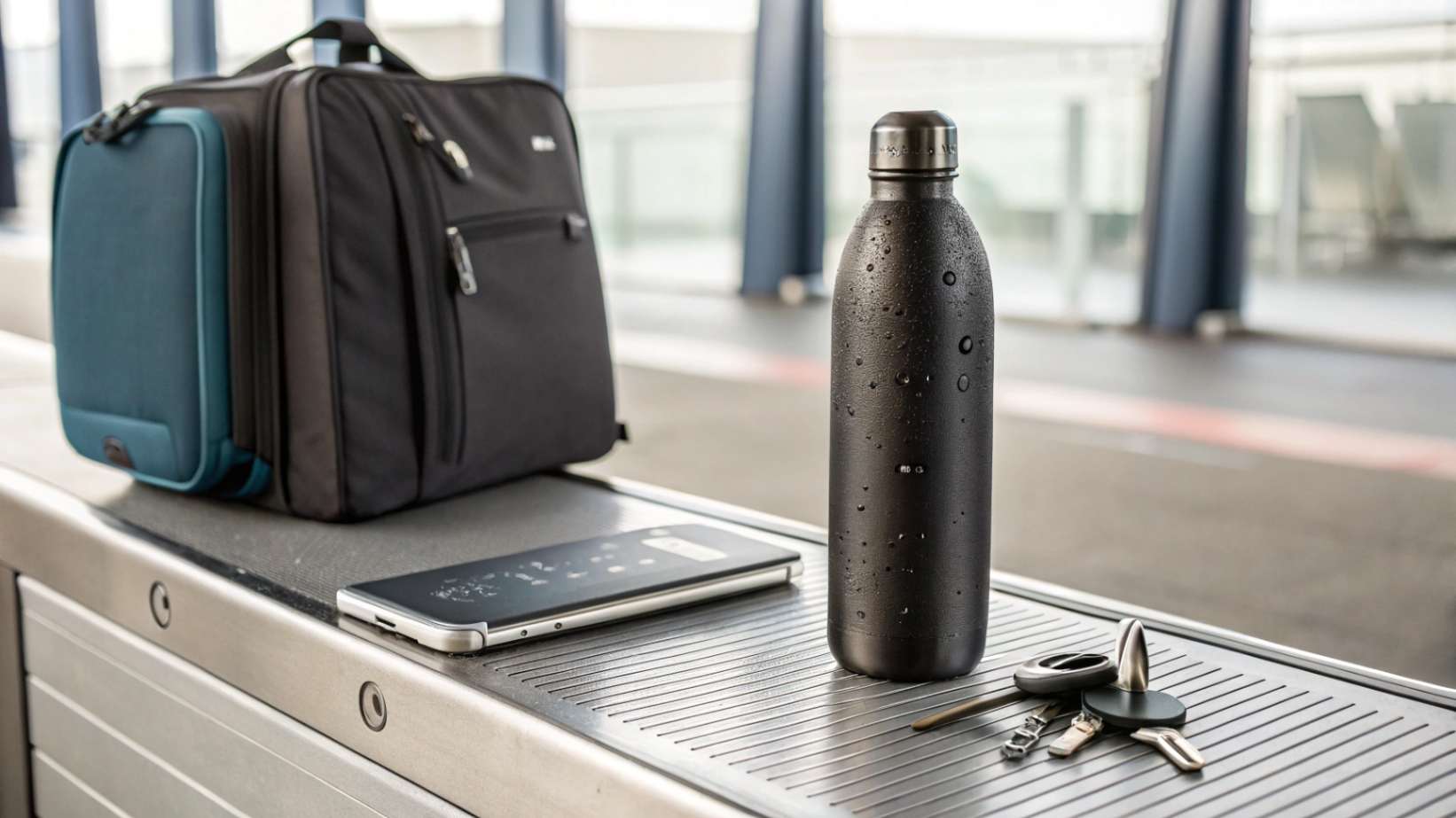 How to Bring Your Water Bottle Through Airport Security A realistic photo of an empty matte black stainless steel water bottle with subtle condensation marks, standing on a security bin next to personal items like a smartphone and keys.
