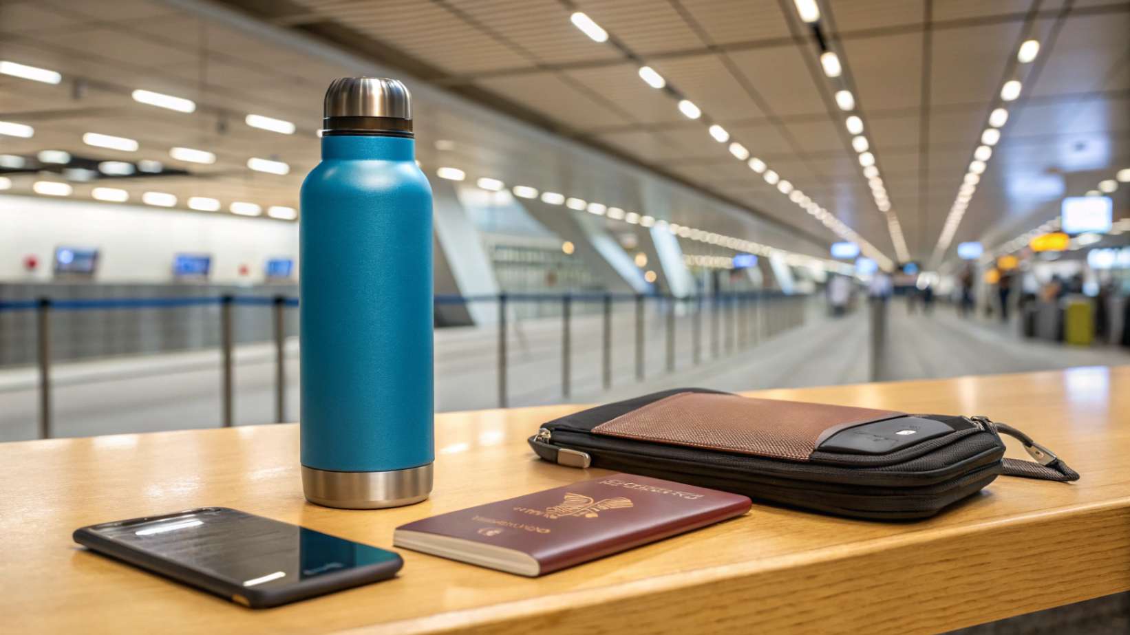 What Are the Benefits of Bringing an Empty Water Bottle A stainless steel water bottle with a bold matte blue finish sitting on an airport counter next to a phone, passport, and leather wallet