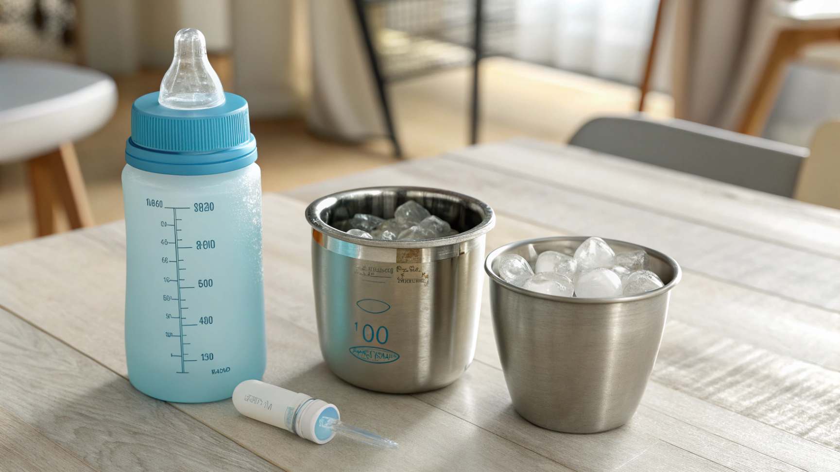 Are There Any Special Exceptions to Consider Arrangement of various containers on a wooden table, including a blue plastic baby bottle, glass medication bottle, and stainless steel tumbler with ice, in a realistic photographic style