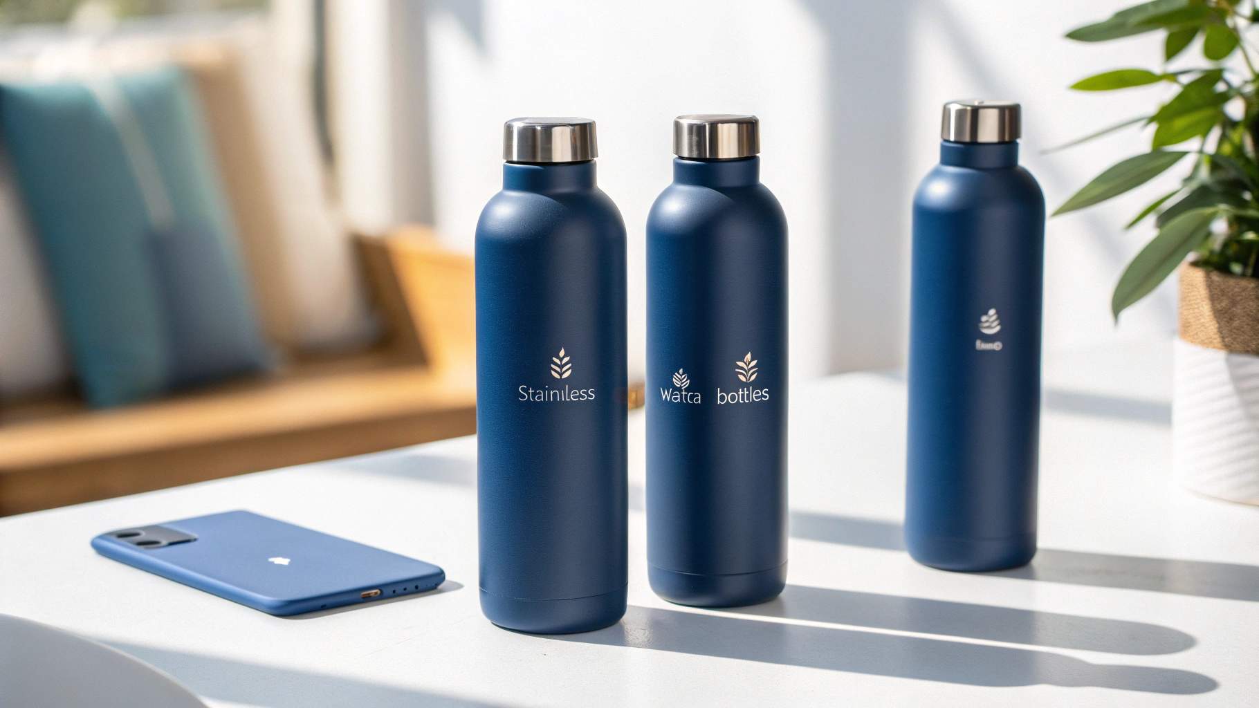 Styled realistic photo of customized navy blue stainless steel water bottles with minimal logo branding, on a white table with natural lighting