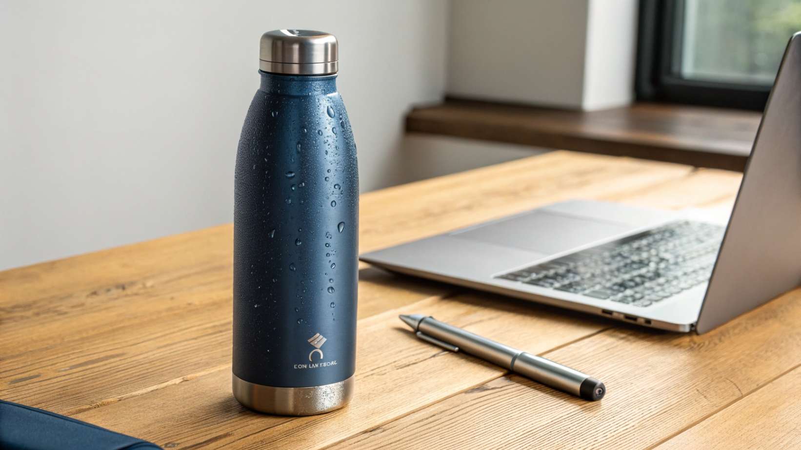 Which Water Bottle Styles Are Best for Corporate Branding A modern, durable water bottle with customizable branding potential for corporate use, set on a desk with office supplies