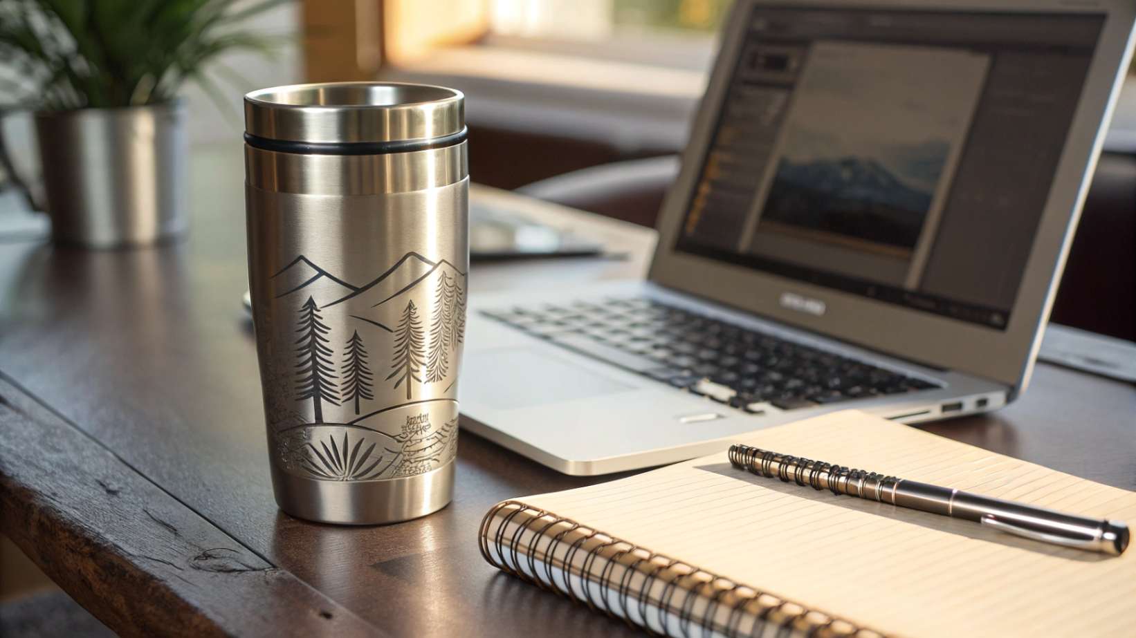 What Customization Options Are Available for My Logo A realistic photo of a desk with a laptop, notebook, and a patterned stainless steel travel mug