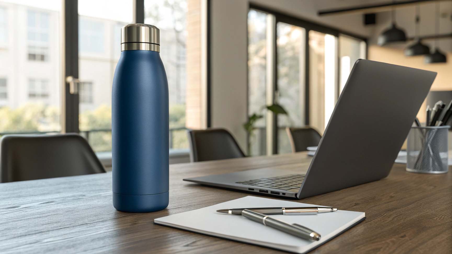 What Are the Best Materials for Promotional Water Bottles A modern navy blue stainless steel water bottle sits on a conference room table next to a laptop, notepad, and pens.