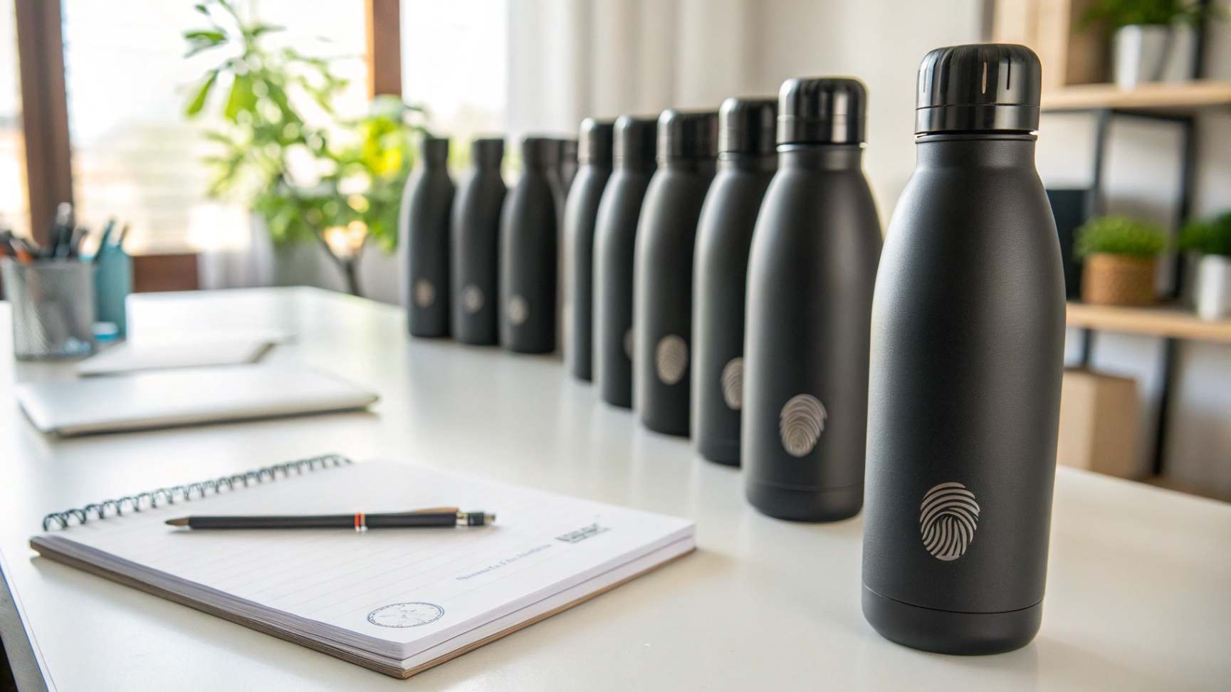 What Is the Pricing and Minimum Order Quantity for Bulk Purchases Realistic photo of stainless steel water bottles on a white table with office supplies