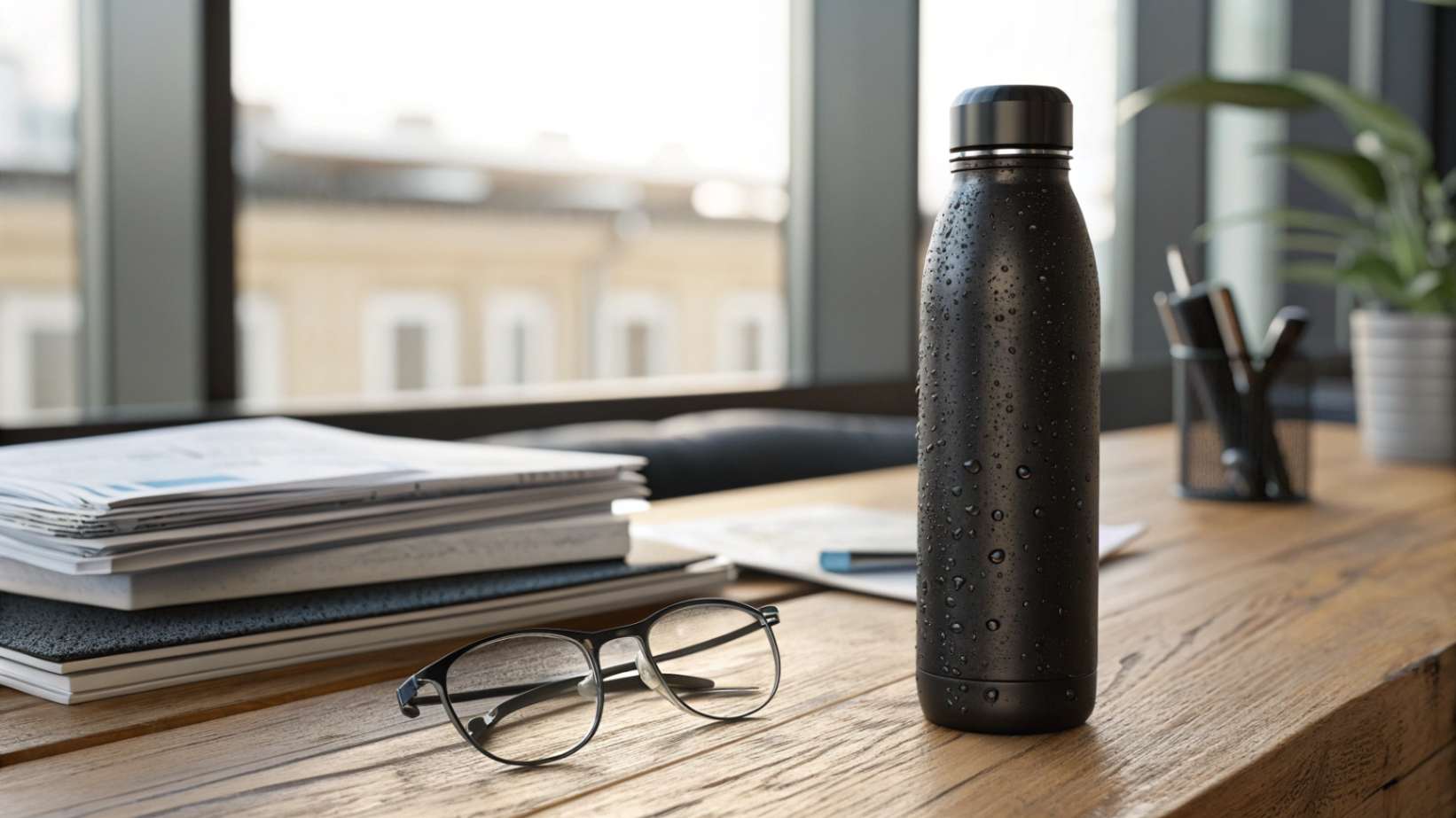 How Long Does the Production and Shipping Process Take A stainless steel water bottle with a matte black finish and subtle condensation marks sits on a wooden desk beside papers and glasses