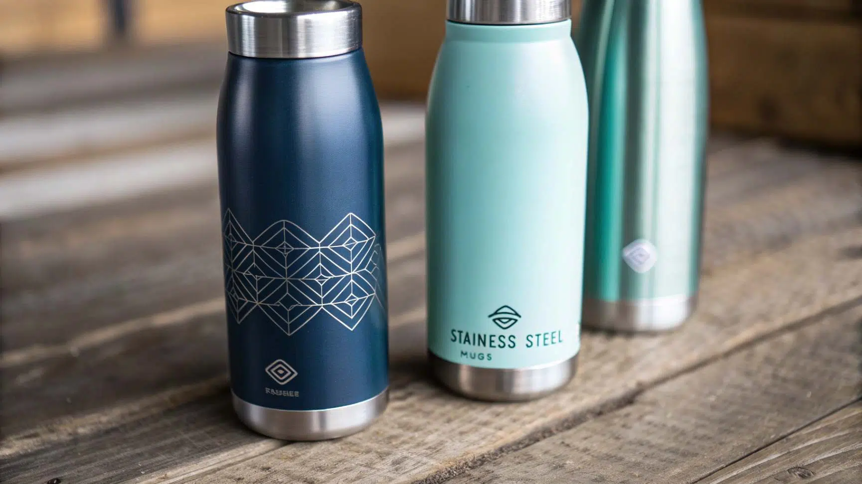 What's the Difference Between 304, 316, and 201 Stainless Steel Three stainless steel mugs or bottles in different finishes and styles, including matte blue with a pattern, brushed steel, and mint green with a logo, resting on a wooden surface