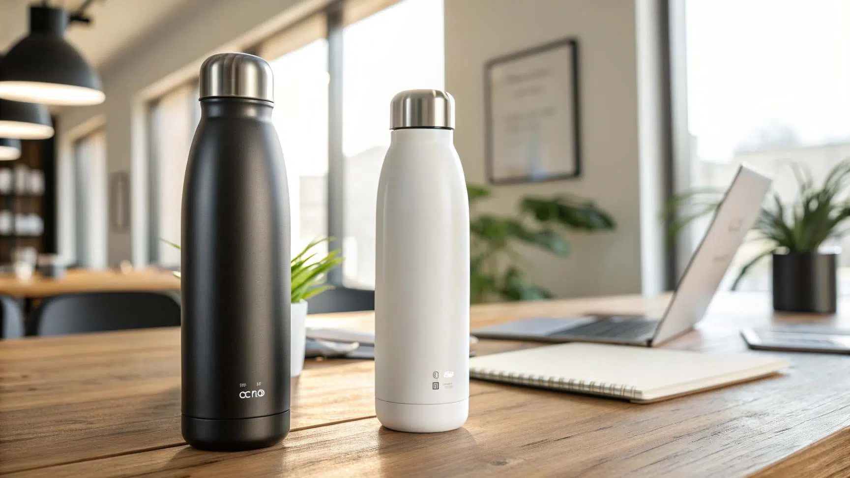 Two high-quality stainless steel water bottles, one matte black and one glossy white, displayed on a wood-grain office desk under bright natural light