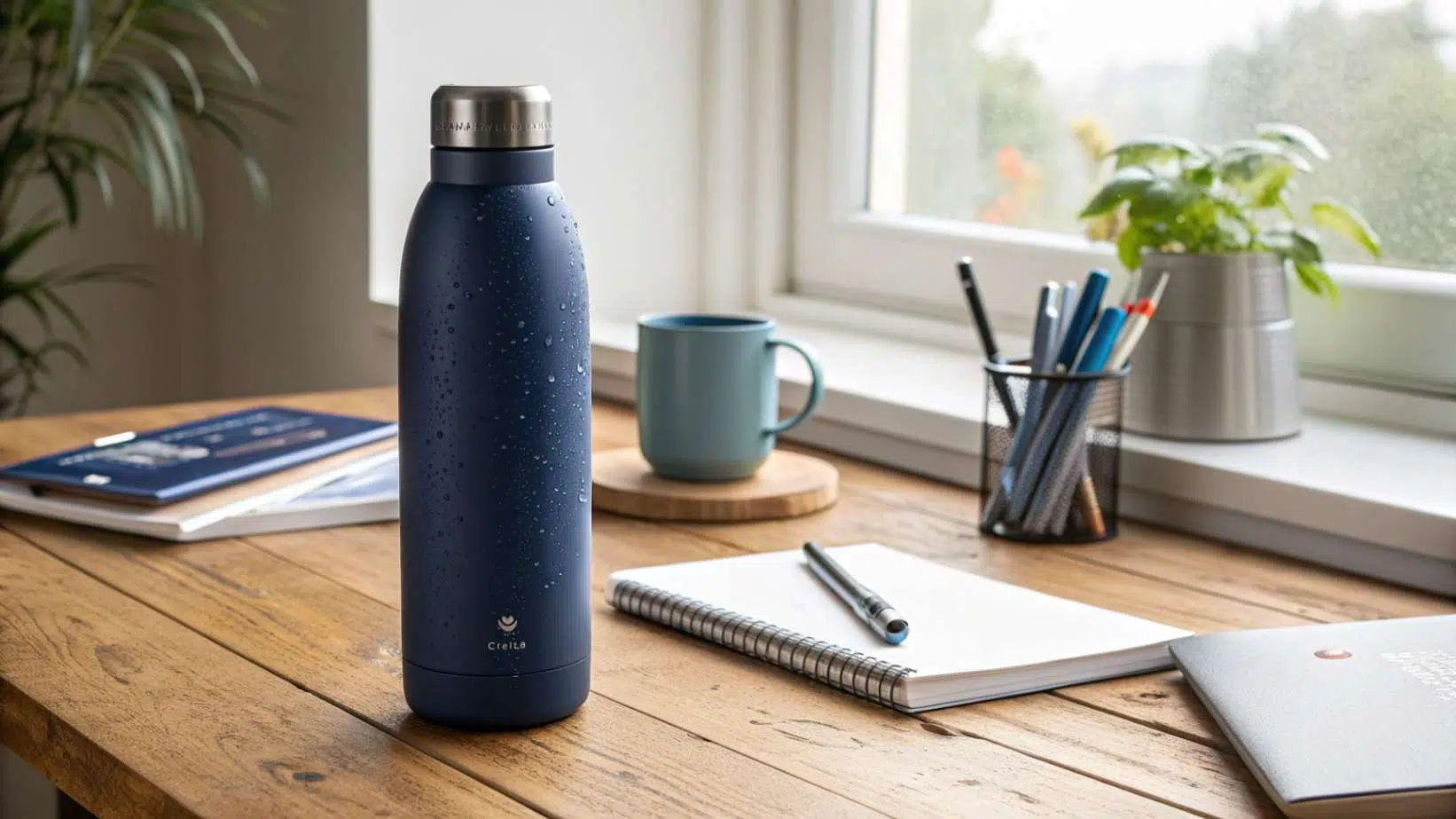 Which Stainless Steel Grade Is Safest For a Water Bottle A realistic photo of a navy blue stainless steel water bottle with a matte finish, standing on a wooden desk with office supplies nearby and bright natural lighting.
