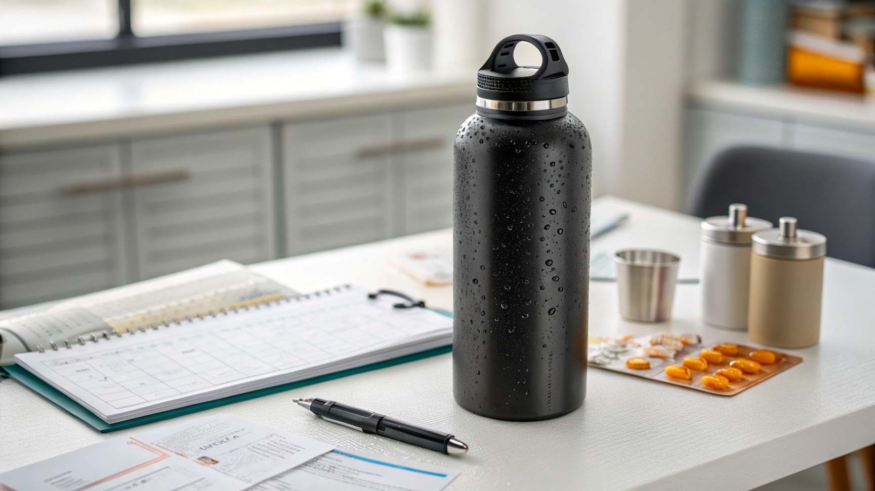 Is 316 Stainless Steel Worth the Extra Cost Compared to 304 A close-up, realistic photograph of a matte black stainless steel water bottle on a white table, surrounded by medical supplies
