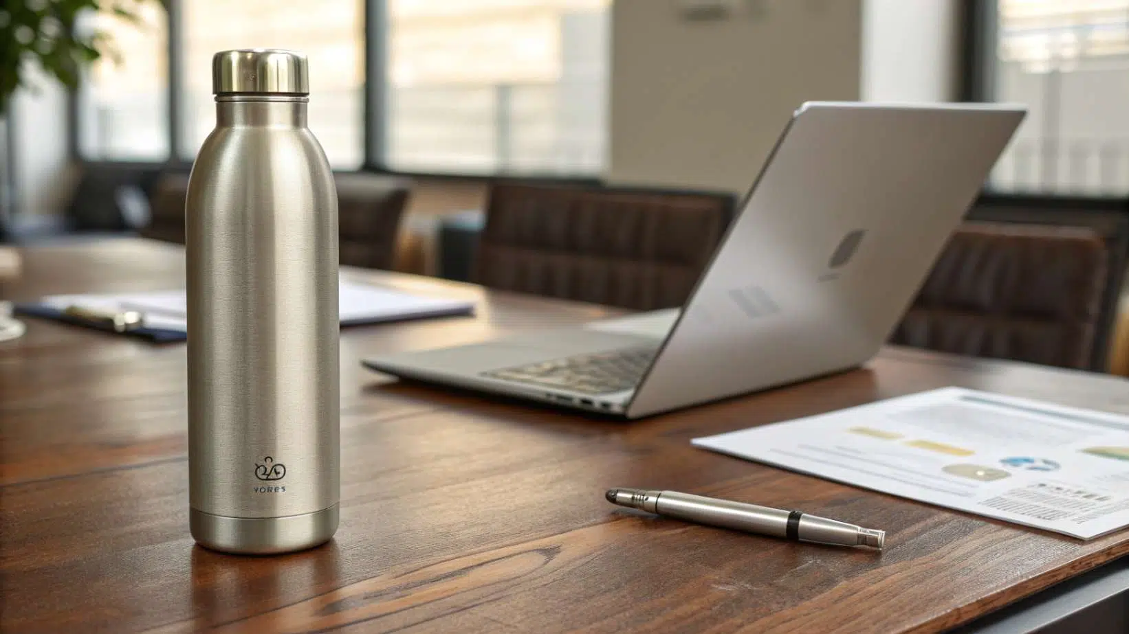 When Should You Choose a 316 Steel Bottle Over a 304 A close-up photo of a premium 316 stainless steel water bottle on a polished wooden desk, alongside corporate accessories like a laptop and documents.