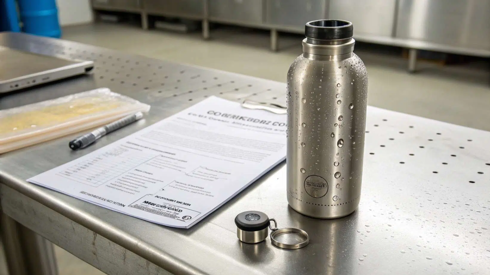 How Can You Identify the Grade of Stainless Steel in a Bottle A stainless steel water bottle with a matte finish, resting on a metal table next to a certification document and acid testing kit, creating a realistic product photography scene.