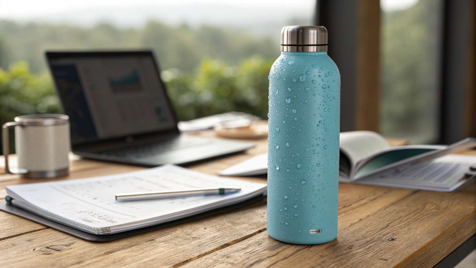 A high-quality stainless steel water bottle with a vibrant blue color and natural condensation, showcasing its durability for commercial use.