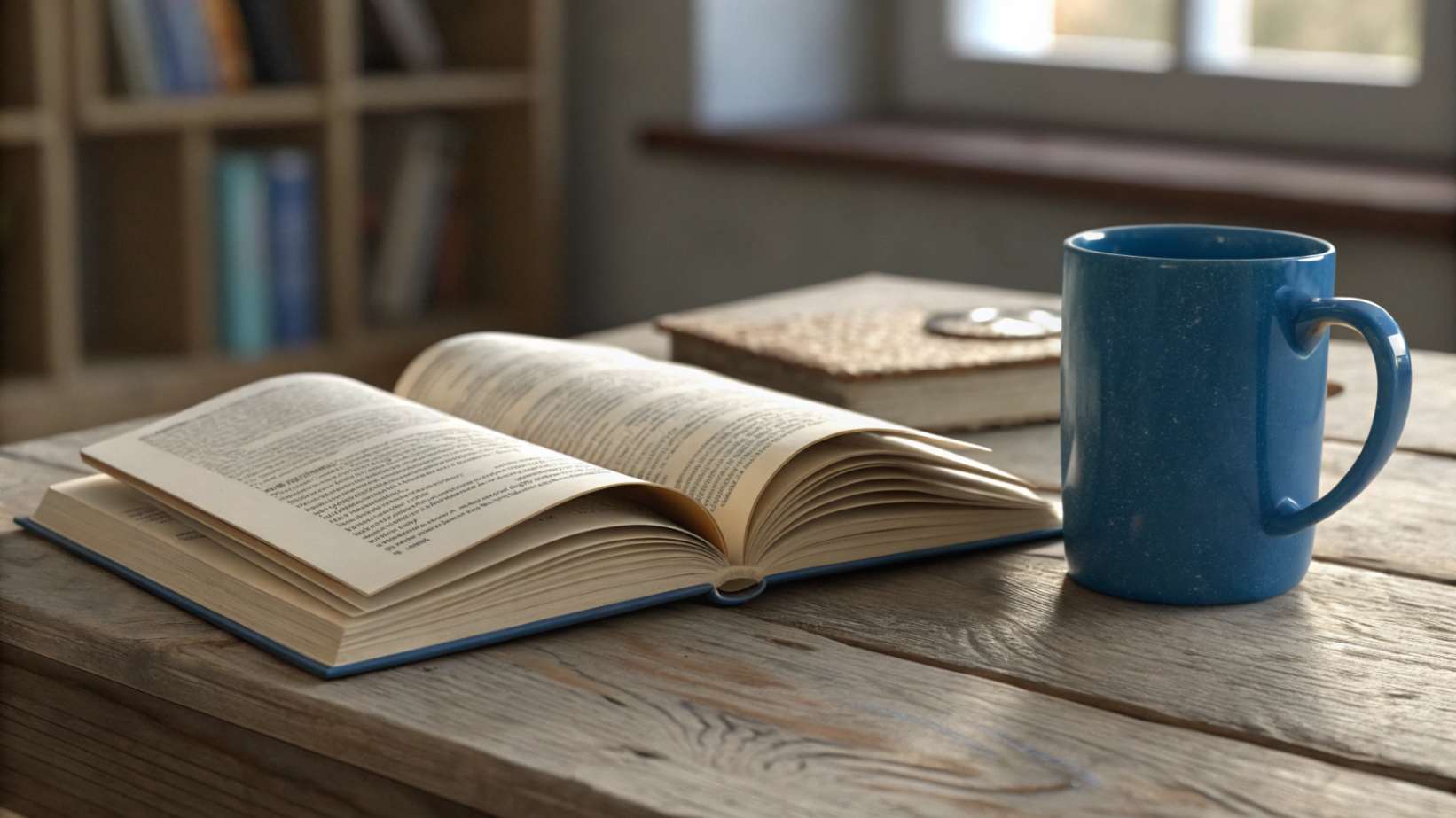 A realistic photograph of an open book on a wooden table, with a cobalt blue ceramic mug next to it.