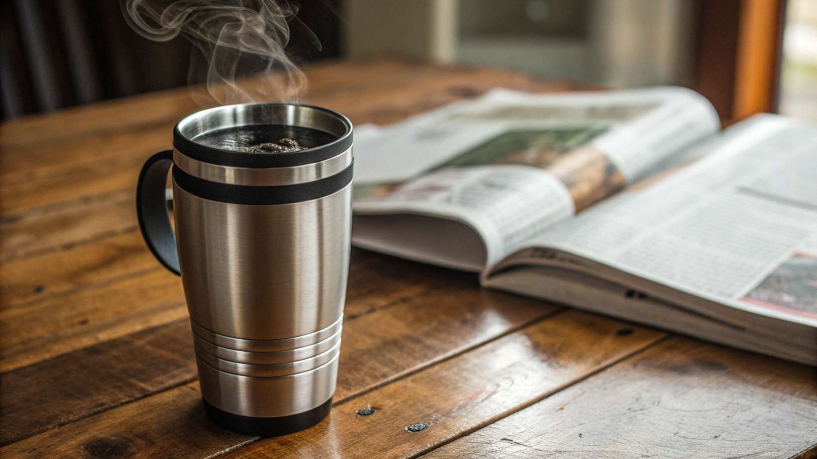 A realistic photograph of a high-quality stainless steel 304 (18/8) travel mug with a matte black finish, filled with a hot beverage and resting on a wooden surface alongside a blurred newspaper or magazine.