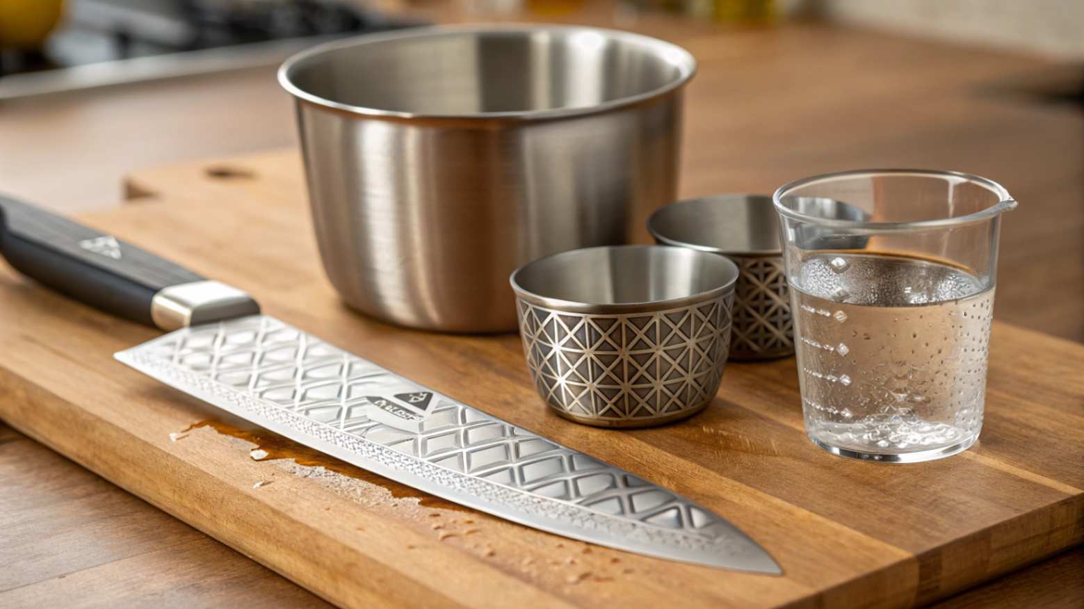 A realistic photo of kitchen tools including a steel knife, patterned measuring cups, and a glass of water on a wooden countertop.