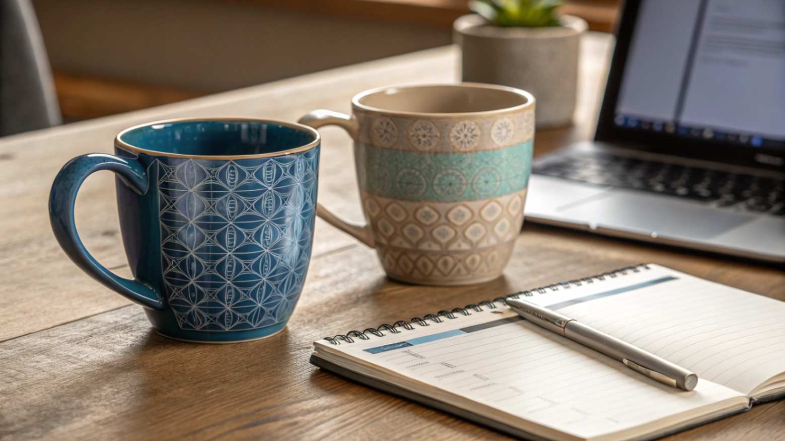 A realistic office desk scene with two artfully styled ceramic cups, a notebook, pen, and laptop displaying financial data.