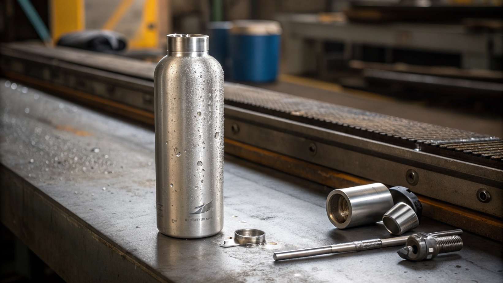A high-quality stainless steel water bottle with a matte finish, surrounded by other steel objects in an industrial setting
