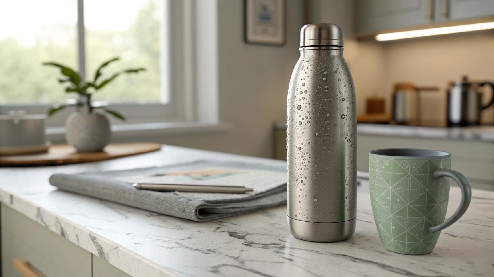 A realistic photo showing a stainless steel water bottle and a patterned ceramic mug on a marble countertop.