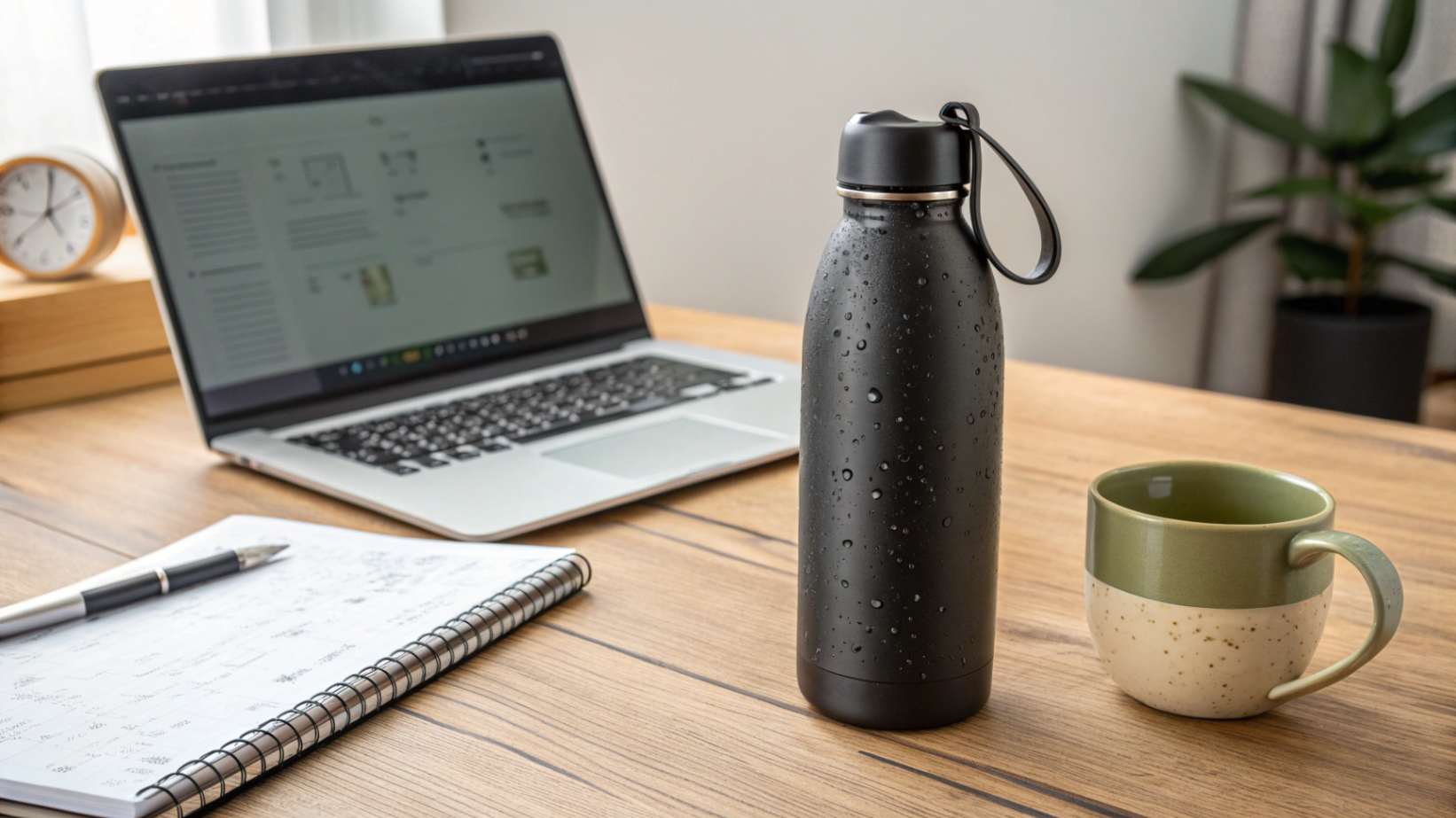 A realistic photograph of a stainless steel water bottle and Morandi-colored ceramic mug on a wood desk with a laptop.