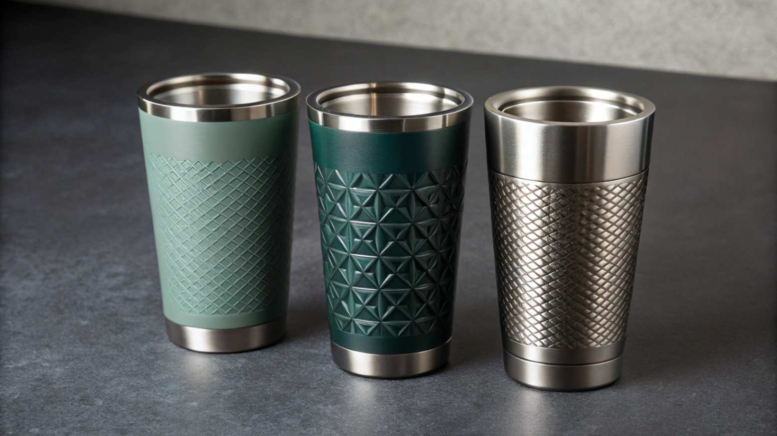 A realistic photograph of three stainless steel tumblers with varied finishes and textures, arranged on a dark surface.