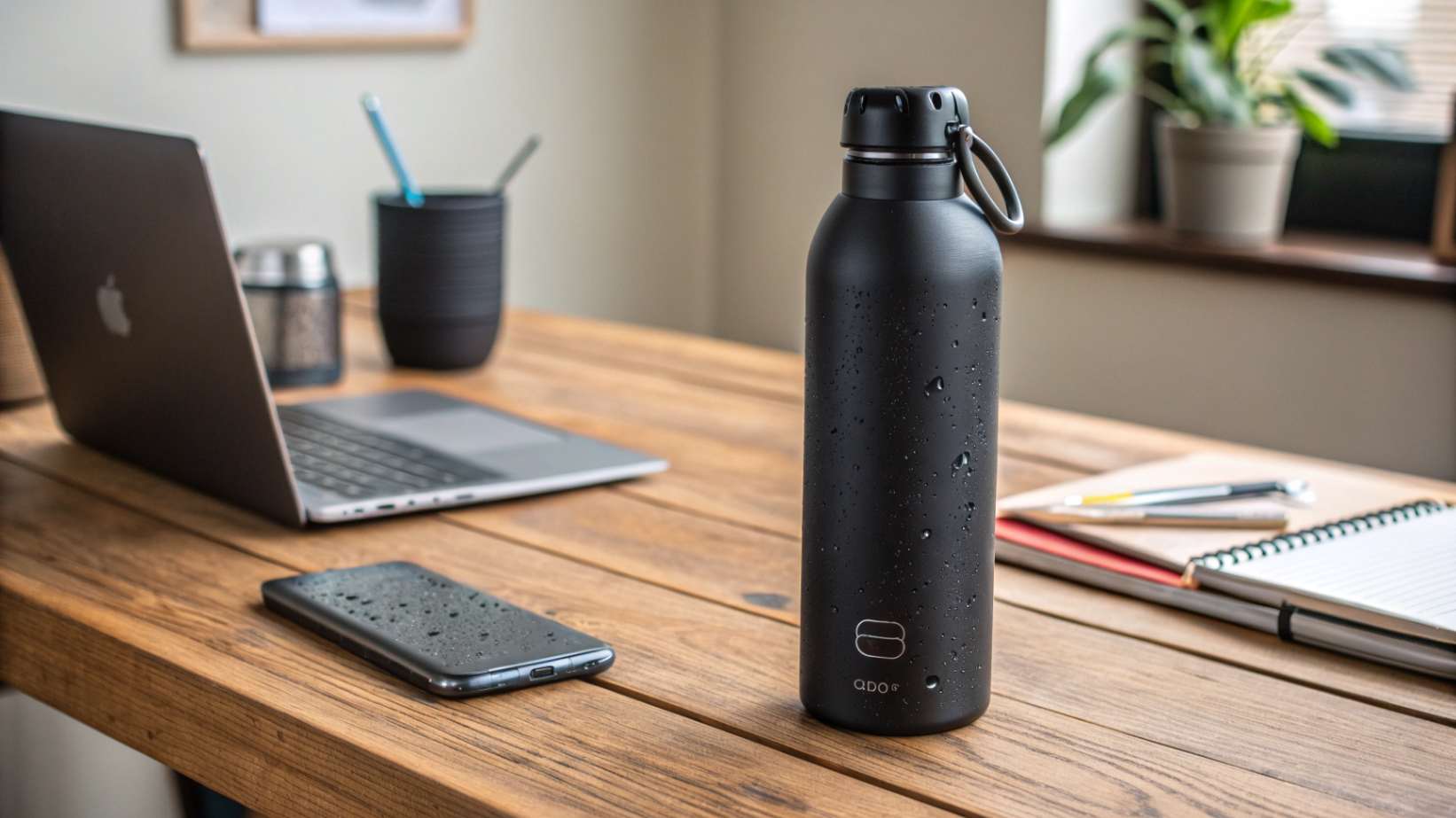 A professional-looking, realistically styled photo showing a high-quality stainless steel 304 water bottle on an office desk