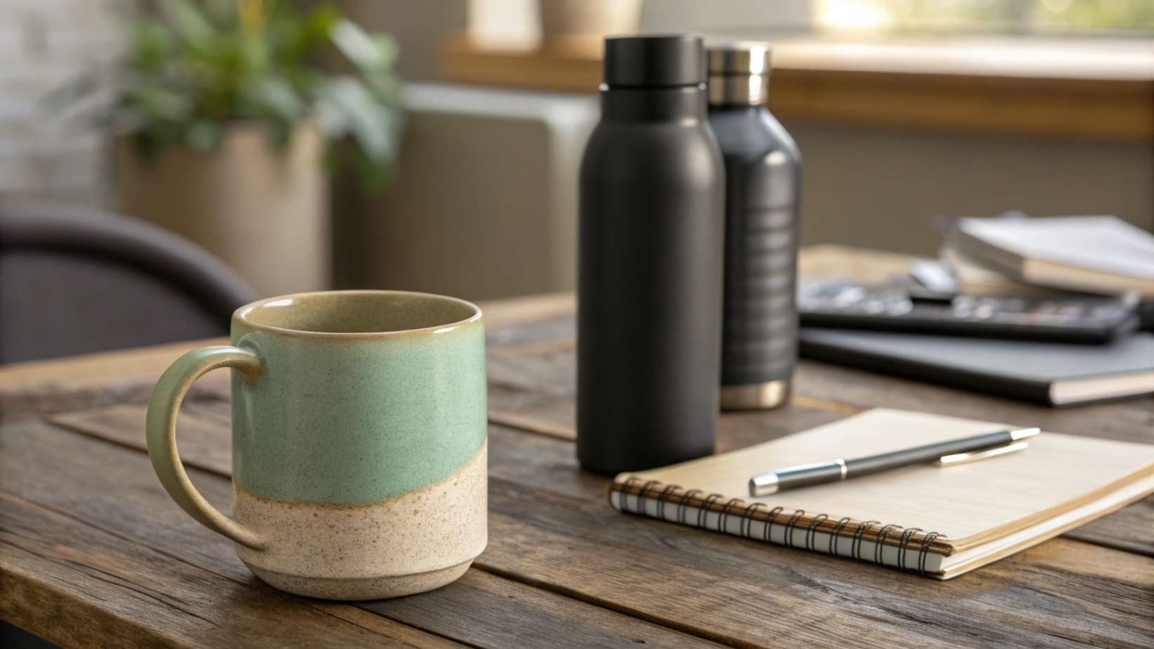 A realistic photo of a workspace setup with a ceramic mug in muted green and beige colors, a black stainless steel water bottle, a notebook, and other office items on a wooden table