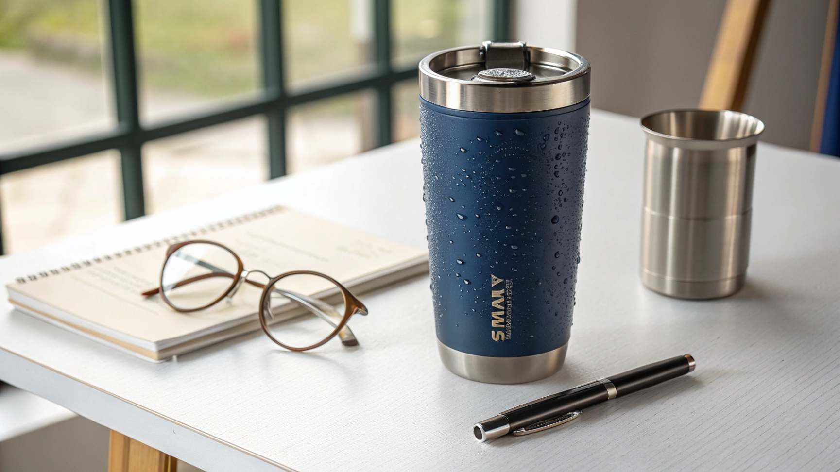 A realistic photo of a blue stainless steel tumbler on a white table, alongside glasses and a pen