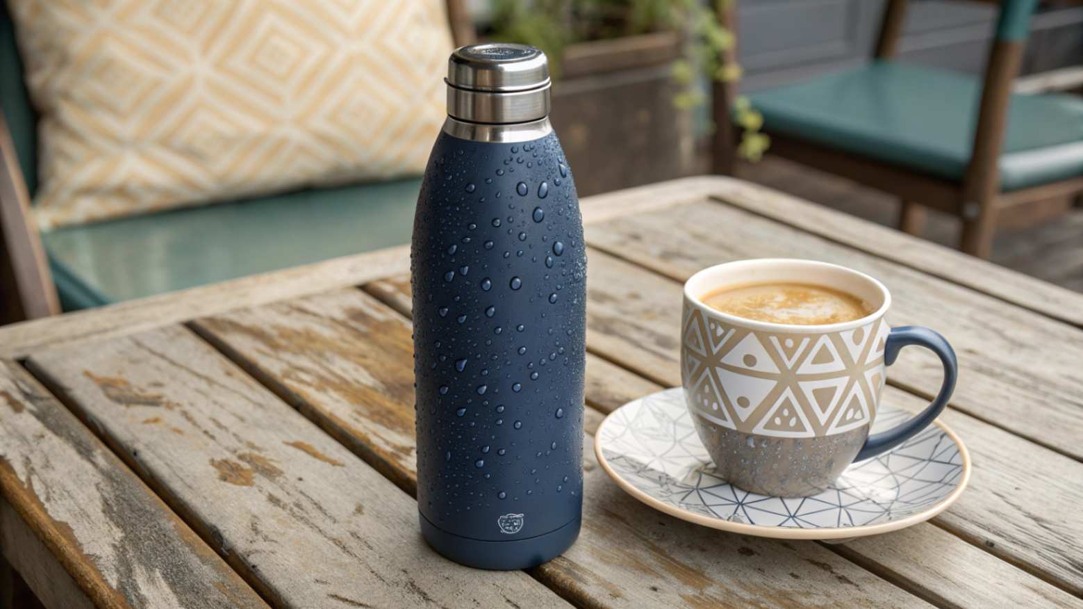 A stainless steel water bottle and ceramic coffee cup in a realistic photographic scene on a wooden table