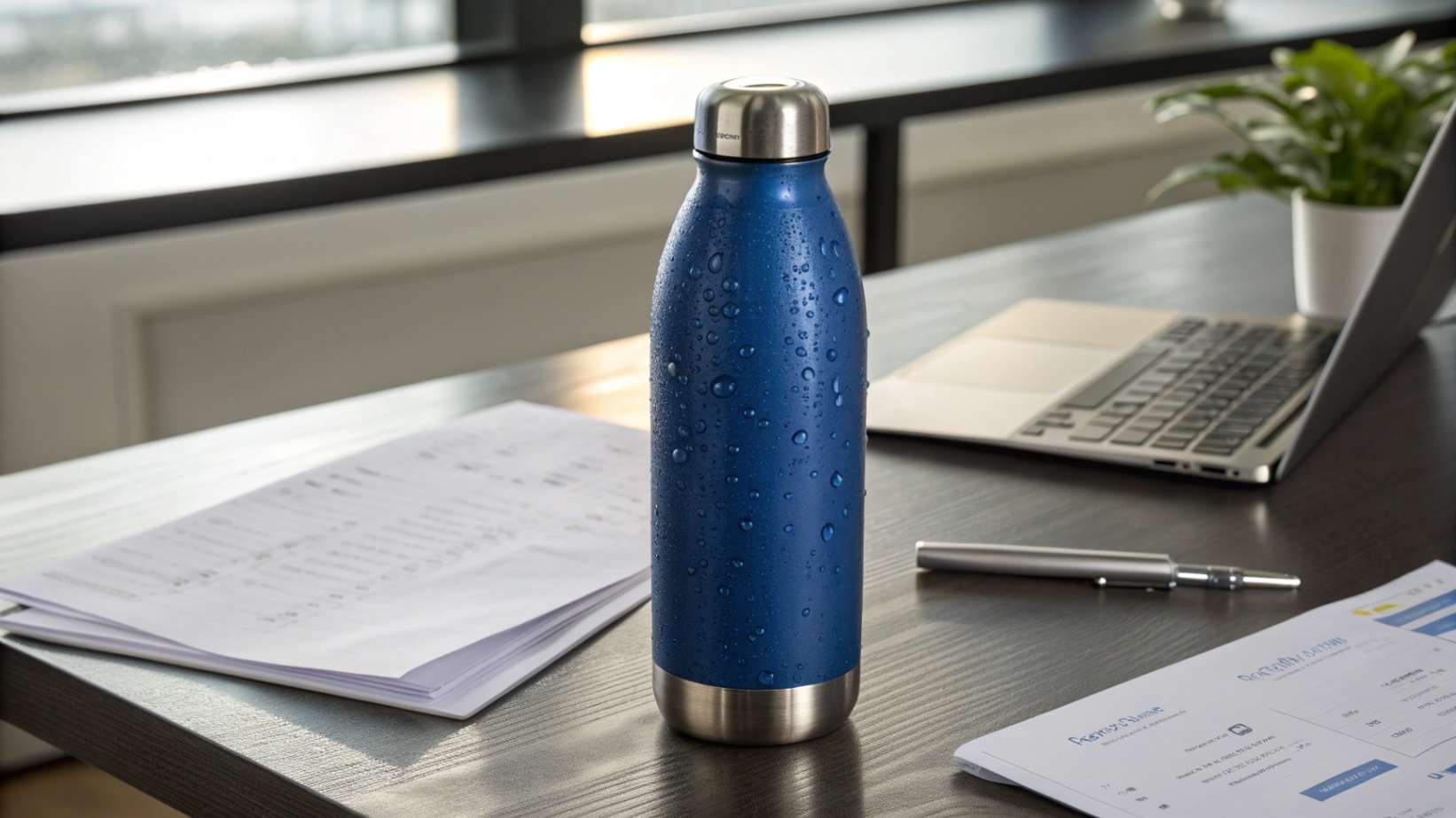 A close-up realistic photograph of a stainless steel water bottle with a dark blue finish, sitting on a metal desk or table next to papers and a laptop.