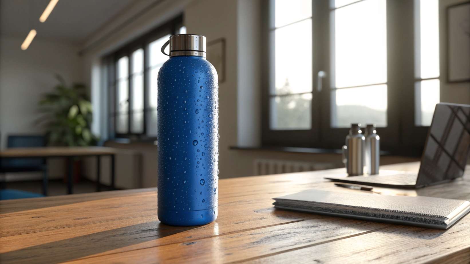 A modern, stylish stainless steel water bottle with a deep blue matte finish, sitting on a wooden desk with natural light and shadows