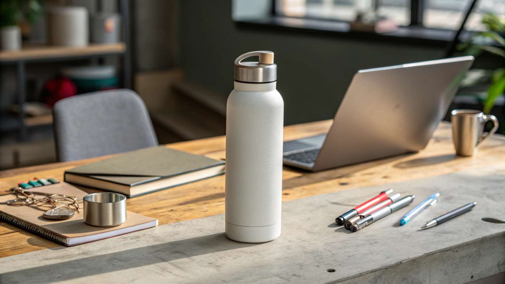 A premium stainless steel water bottle with a matte ceramic lining, placed on a wooden desk with office items nearby.