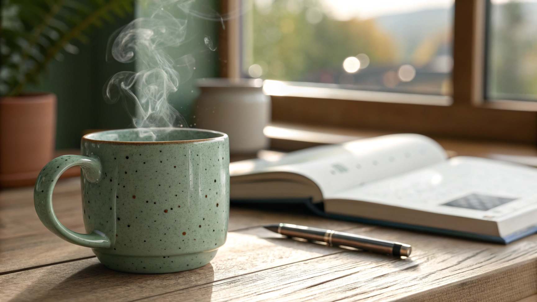 A ceramic mug in a muted green hue with a subtle speckled pattern, steam rising from a hot drink on a wooden table