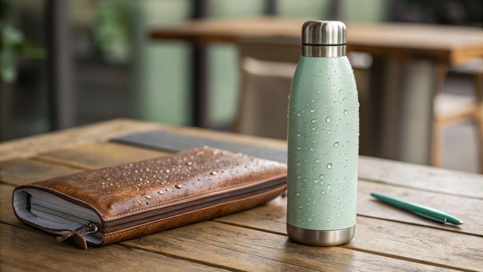 A shiny steel water bottle with a subtle ceramic green interior, on a wooden table
